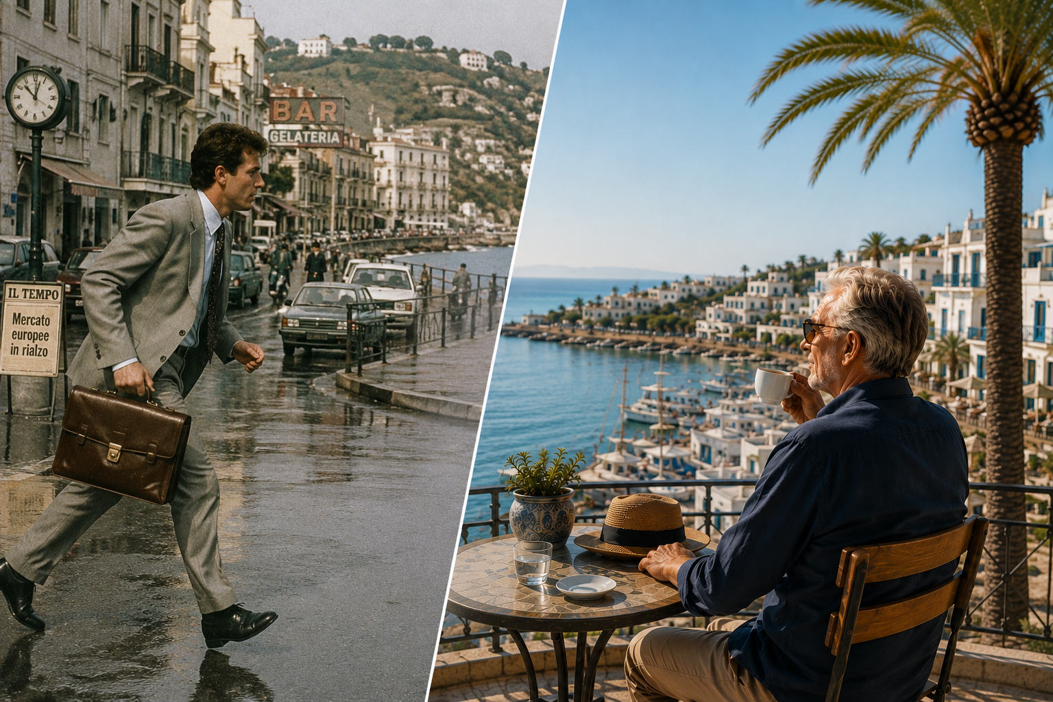 Confronto visivo tra la vita frenetica in Italia e una pensione più serena in Tunisia